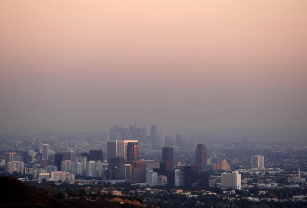 File photo of Century City and downtown Los Angeles seen through the smog